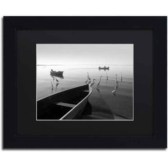 Moises Levy 'Herons and 3 Boats' Black Matted Framed Art