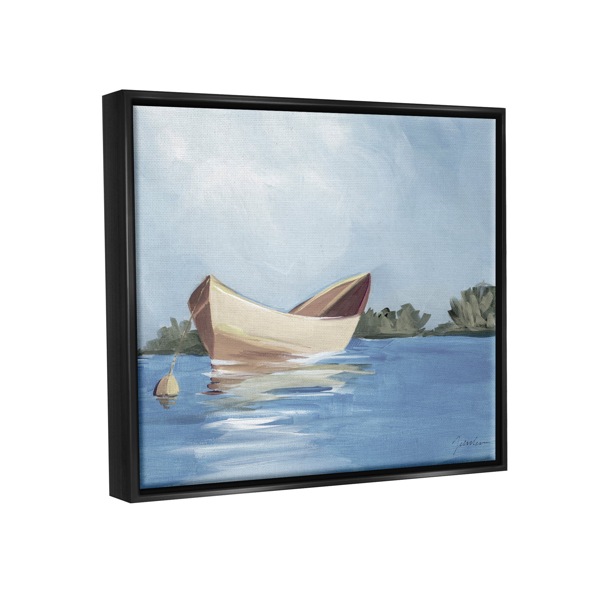 Stupell Industries Boat Floating on Lake Transportation Painting Black Floater Framed Art Print Wall Art, 21 x 17