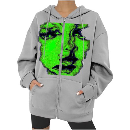 

Moxiu Women Zipper Pullover Loose Oversized Graphic Skeleton Letter Print Hooded Sweatshirt Girl Y2k Hoodie Halloween Print Jacket Coat with Pockets