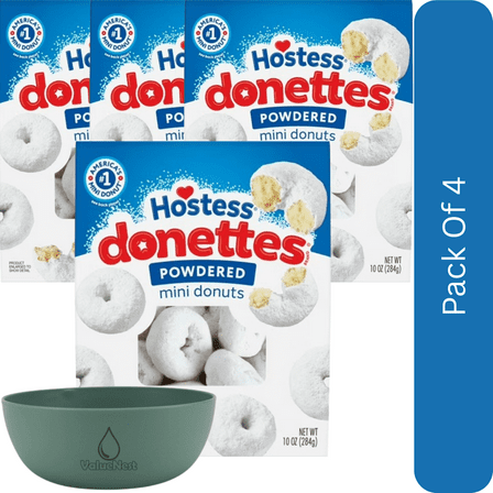Hostess Donettes Powdered Round Mini Donuts, 10 oz Bag-4pk, With Olive Green Bowl By ValueNest
