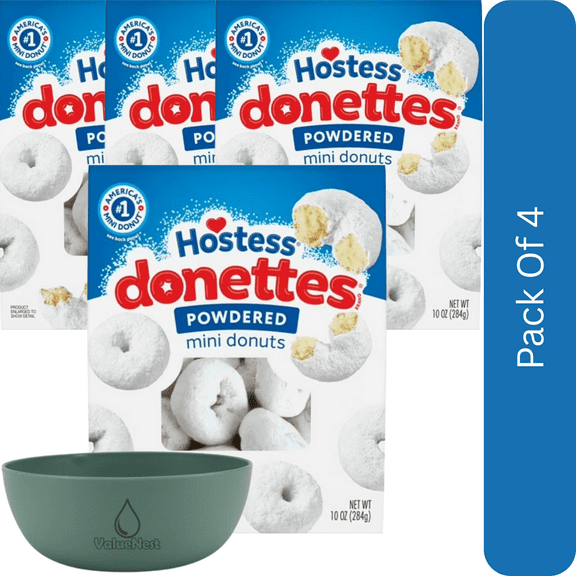 Hostess Donettes Powdered Round Mini Donuts, 10 oz Bag-4pk, With Olive Green Bowl By ValueNest