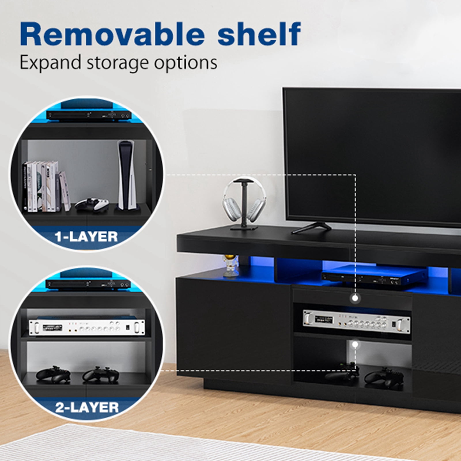 Modern TV Stand for TVs up to 70" with Charing Station & LED Lights Wood TV Cabinet Media Console for PS5 Gaming LED Entertainment Center