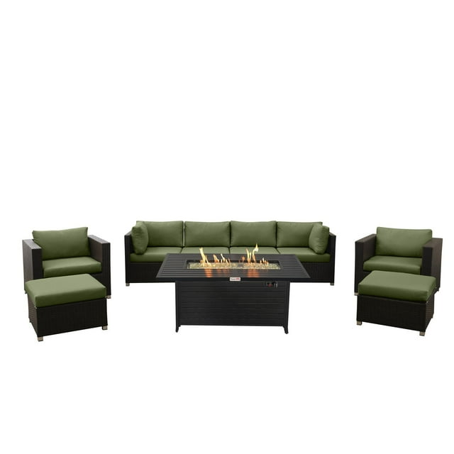Innesbrook Collection 9-Piece Aluminum Patio Conversation Set with Green Cushions and Rectangle Fire Table