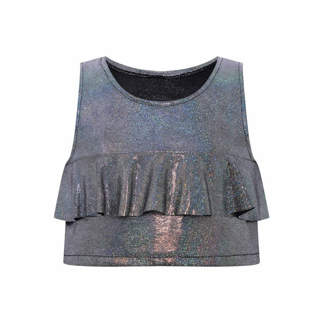 Moggemol Girls Ruffles Metallic Crop Top Shiny Dance Tank Tops Shirts for Cheer Leading Jazz Latin Black M
