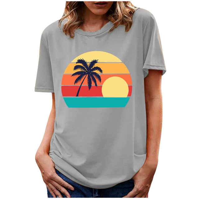 Blusa informal de manga corta con cuello redondo y estampado de verano a la moda para mujer Pompotops hfajkhk135478