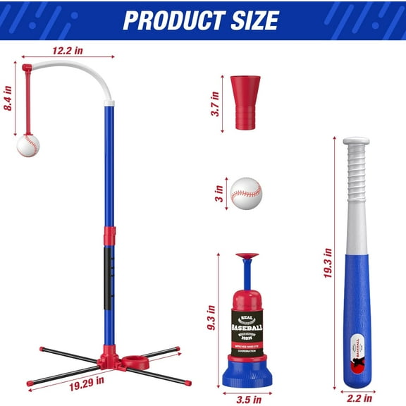 3-in-1 Baseball Set for Kids 3-5 - Adjustable Tee  Stand, Hanging Tee,  Launcher with 6 Softballs - Indoor/Outdoor Sport Gift for Boys - Blue