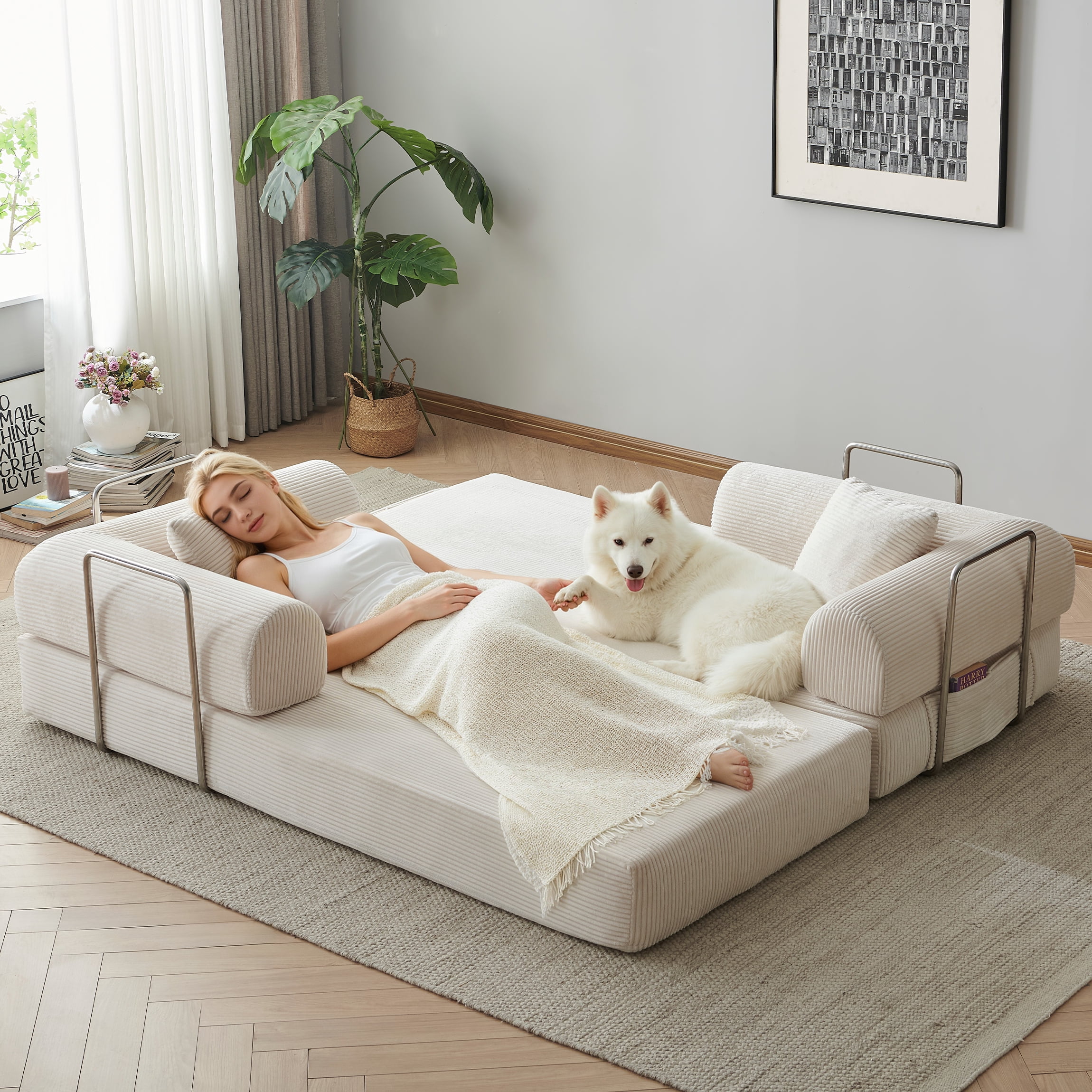 Vanress 78" Convertible Sofa Bed, Folding Sleeper Sofa Couch Bed with Fixed-Shape Frame, Pull-Out Sleeper Loveseat, Corduroy Boneless Futon Bed, No Assembly Required for Living Room & Bedroom, White