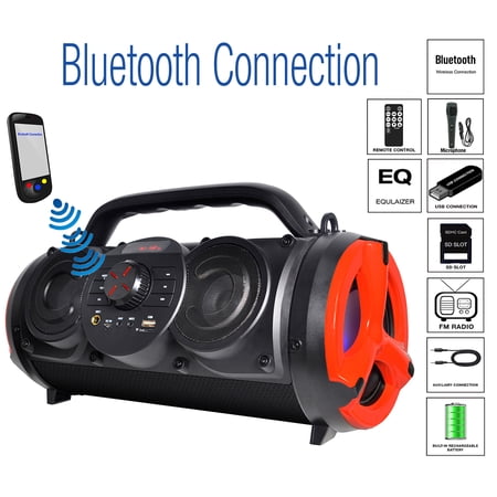 Boytone BT-18RG Portable Bluetooth Boombox Speaker, Indoor/Outdoor, 25W, Loud Sound, Deeper Bass, EQ