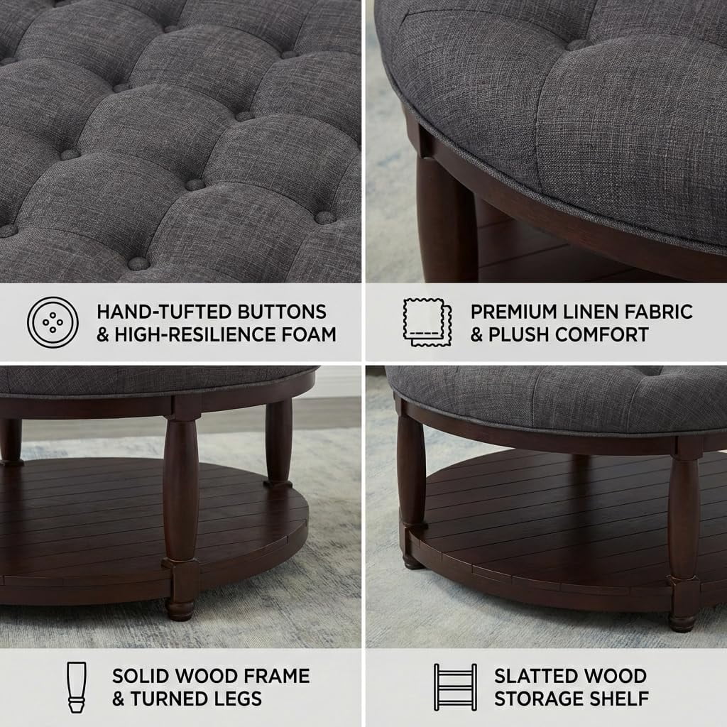 ODUWA Coffee Table Ottoman with Storage Shelf, Tufted Upholstered Footrest Stool, Solid Wood Base Accent Table for Living Room