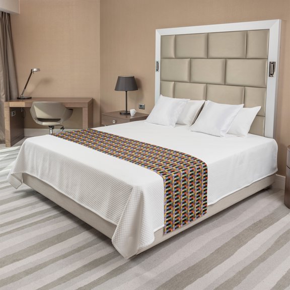 Geometric Bed Runner, Colorful Modern Repetition of Squares and Trapezoids with Retro Influences, Decorative Accent Bedding Scarf for Hotels Homes and Guestrooms, King, Multicolor, by Ambesonne