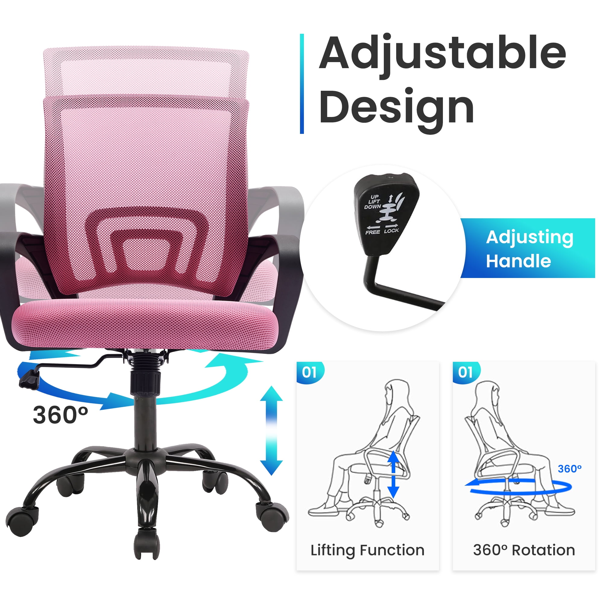 JONPONY Ergonomic Office Chair，Swivel Desk Chair with Lumbar Support, Adjustable Height with Armrests for Adults,Pink