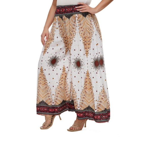 Beautybatik White Women Wide Leg Palazzo Pants Plus Size Hippie Bohemian Flora Printed 2X