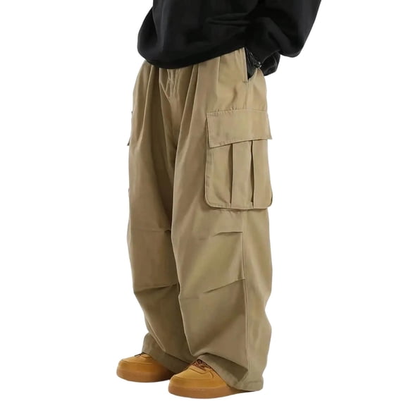 Yaoyar Men's Relaxed Cargo Pants Solid Color Wide Leg Casual Elastic Waistband Everyday Comfort Long Trousers