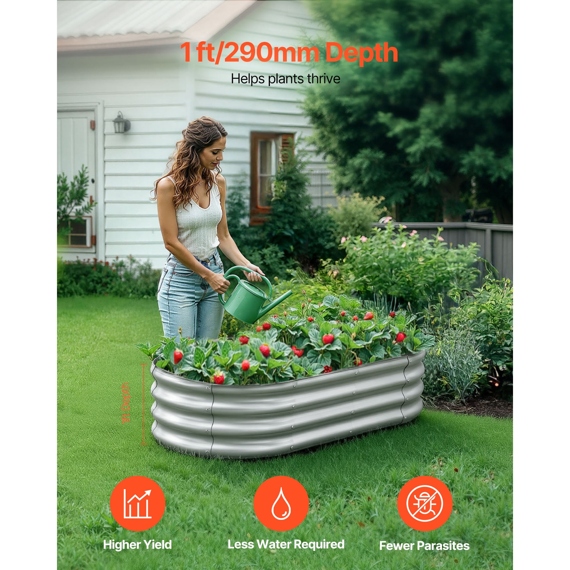 KFFKFF Metal Raised Garden Bed, 4 x 2 x 1 ft Oval Outdoor Galvanized Planter Box, Open Bottom Design, Spacious Planter for Vegetables, Flowers, and Succulents, Galvanized Finish