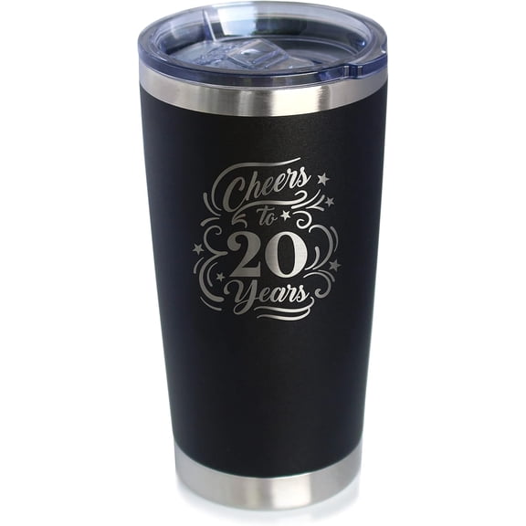 Cheers to 20 Years - Insulated Coffee Tumbler Cup with Sliding Lid - Stainless Steel Insulated Mug - Gift for 20th Anniversary - Black