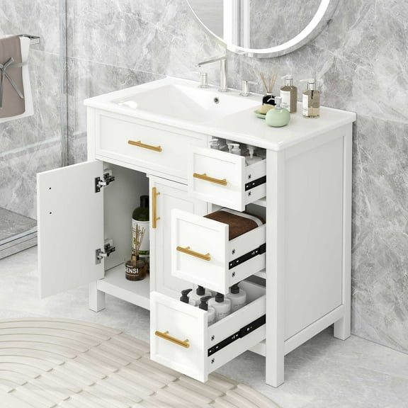DEALTOPS Stylish Bathroom Vanity with Sink Top, Vanity Cabinet with Cabinet and 3 Drawers, White