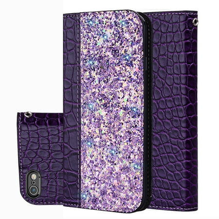 iPhone 8/iPhone 7 Case, iPhone 8/iPhone 7 Cover, Allytech Unique Bling Design PU Leather Wallet case with Wrist Strap Flip Folio Kickstand Cover for iPhone 8/ iPhone 7 4.7-inch Phone, Purple