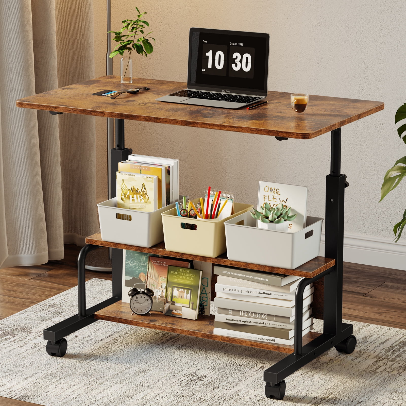 edx Height Adjustable Desk Standing Desk Small Desk for Small Spaces, Mobile Rolling Computer Desk on Wheels, Portable Desks Study Table for Home Office,Rust