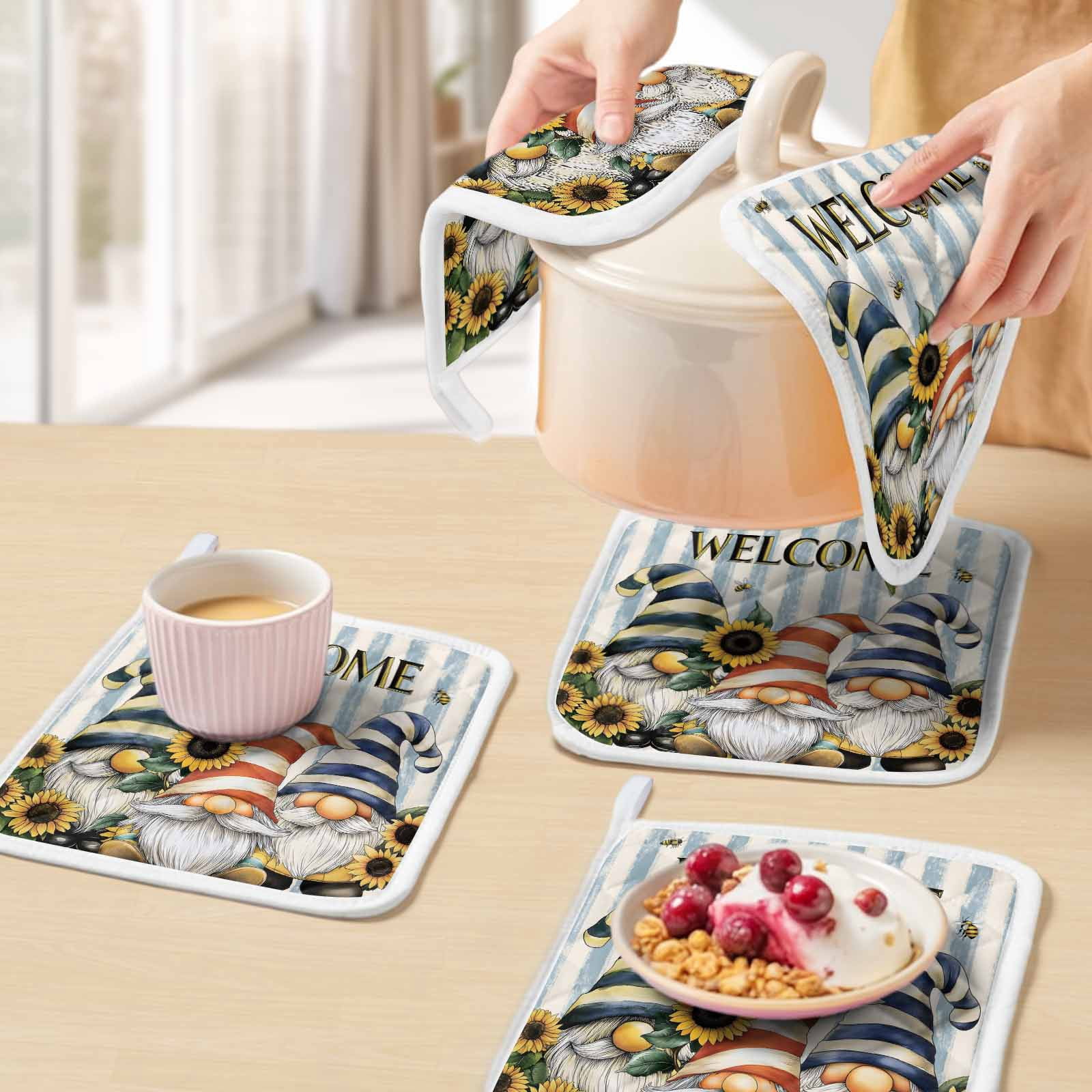 Sunflower Gnomes Pot Holders for Kitchen Heatproof Potholder, 5 Pack Farmhouse Striped Bee Yellow Summer Flower Hot Pads Multipurpose Oven Pads Cloth Potholders Trivet for Cooking Baking