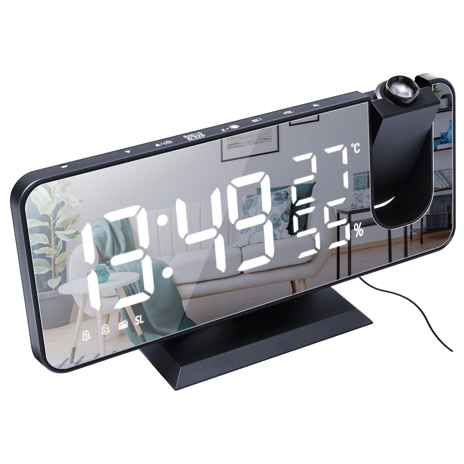ThreeH Projection Alarm Clock for Bedroom Large 7.4'' LED Mirror