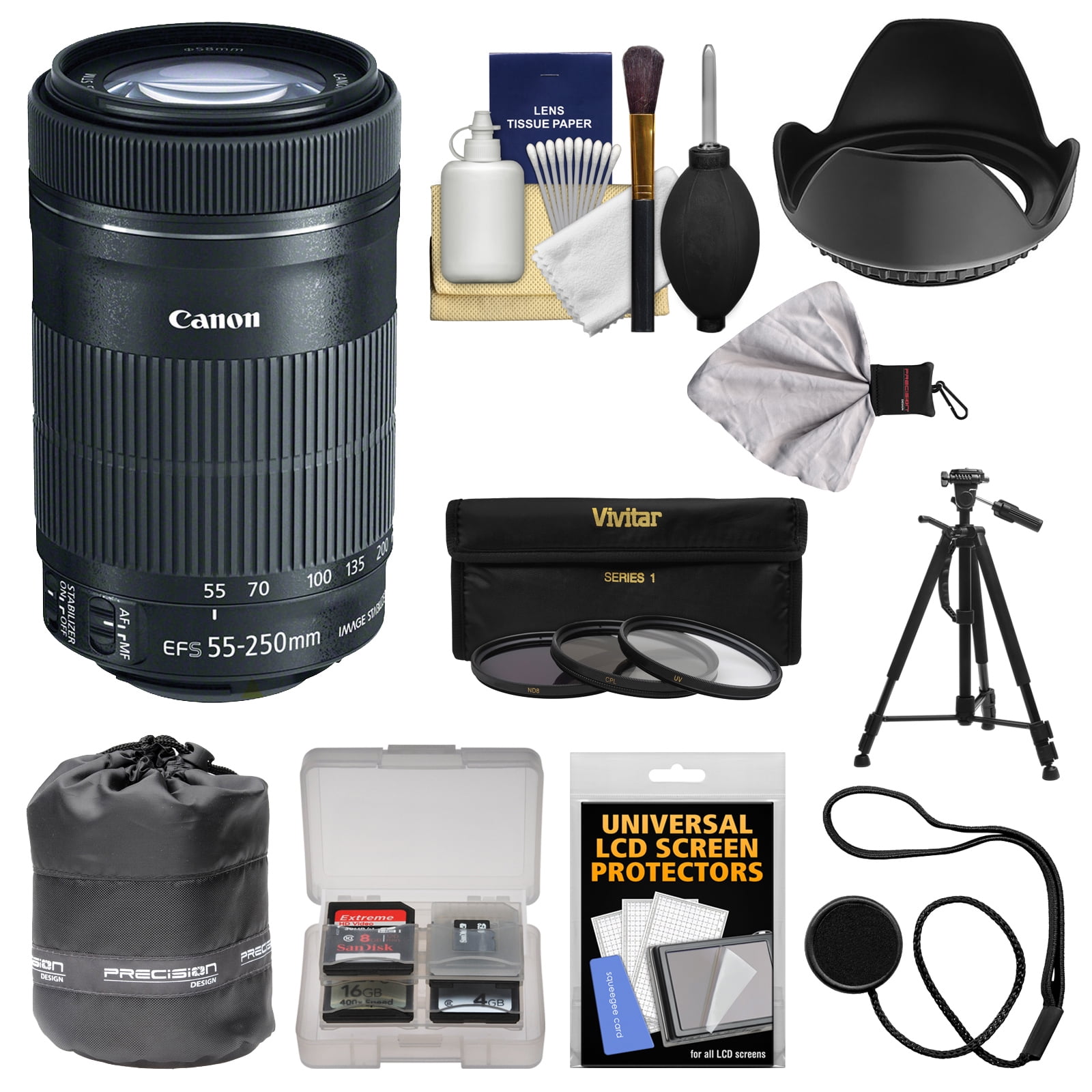 Canon EF-S 55-250mm f/4.0-5.6 IS STM Zoom Lens with Tripod + 3 Filters +  Hood + Kit for EOS 70D, Rebel T3, T3i, T4i, T5, T5i, SL1 DSLR Cameras