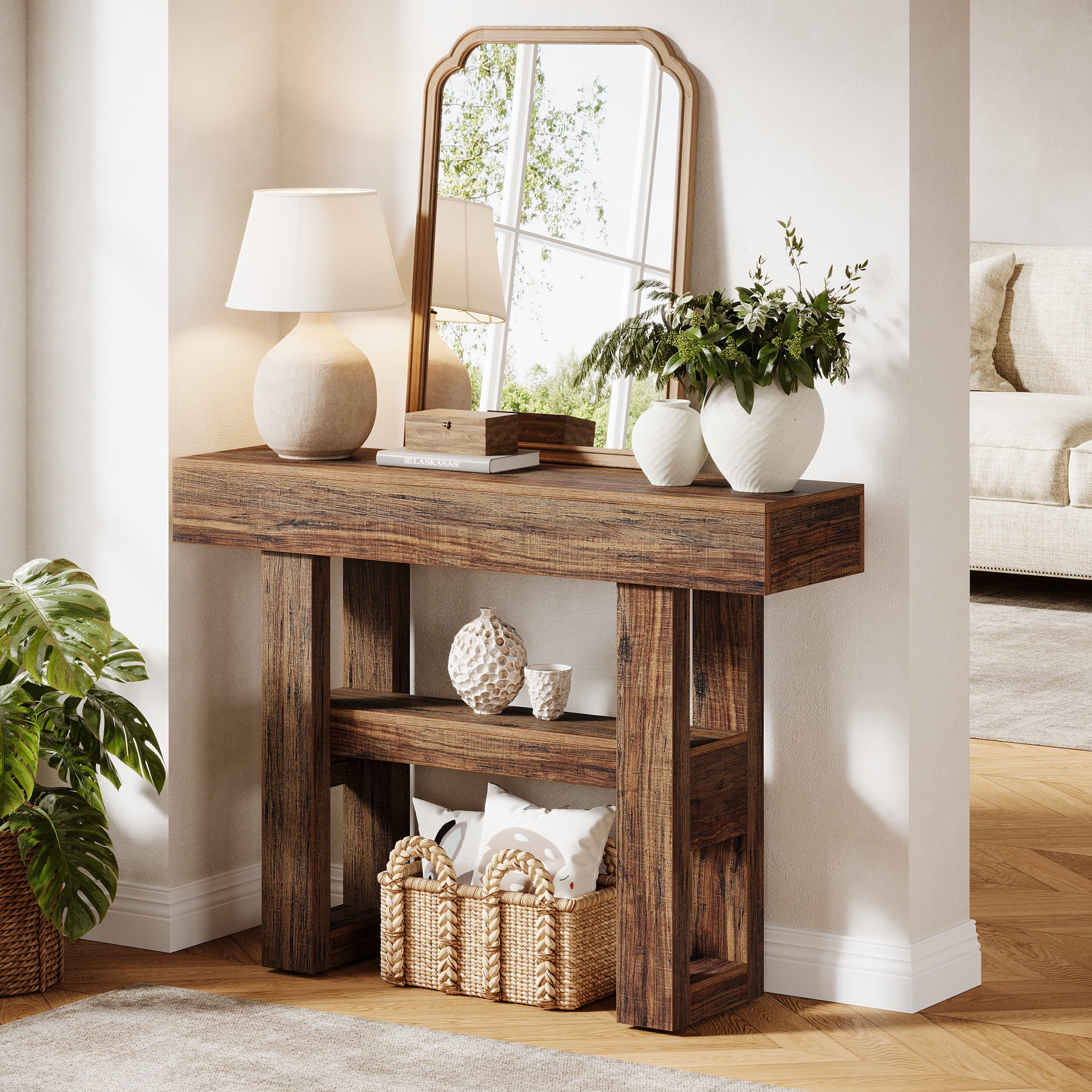 Tribesigns 41.34-Inch Farmhouse Console Table, 2-Tier Narrow Sofa Table Behind the Couch, Entryway Furniture with Storage Shelves for Living Room, Hallway, Foyer, Rustic Brown