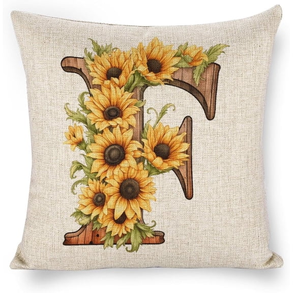 Monogram Letter F Summer Sunflower Pillow Covers, Floral Decorative Initial 18x18 Inch Throw Pillows for Girls Kids Home Farmhouse Last Name Pillow Case for Sofa Couch Decor