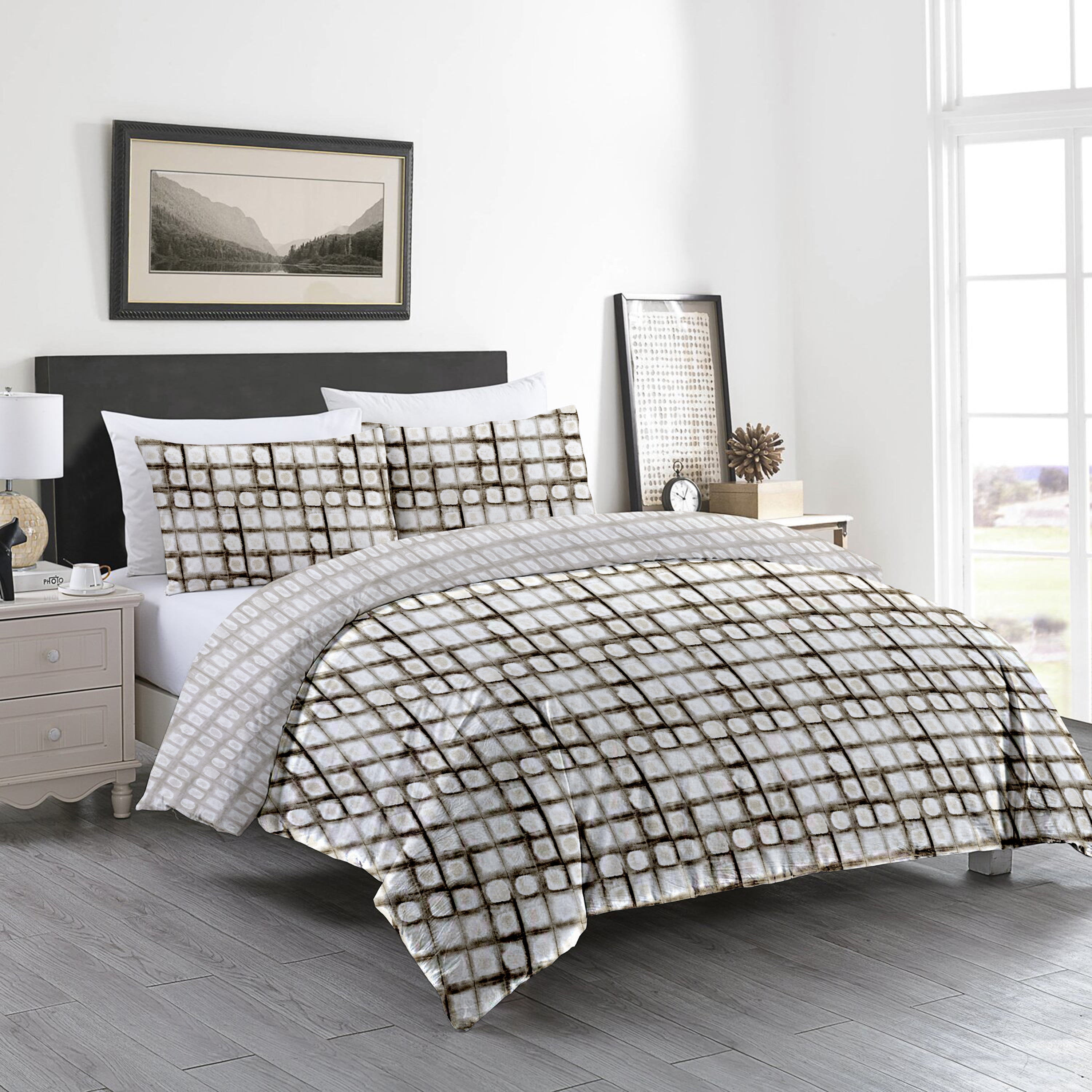 Delara GOTS Certified 100% Organic Cotton Shaded Check Reversible Print Duvet Cover and Sham Set of 2, Queen 88"X92", White/Brown