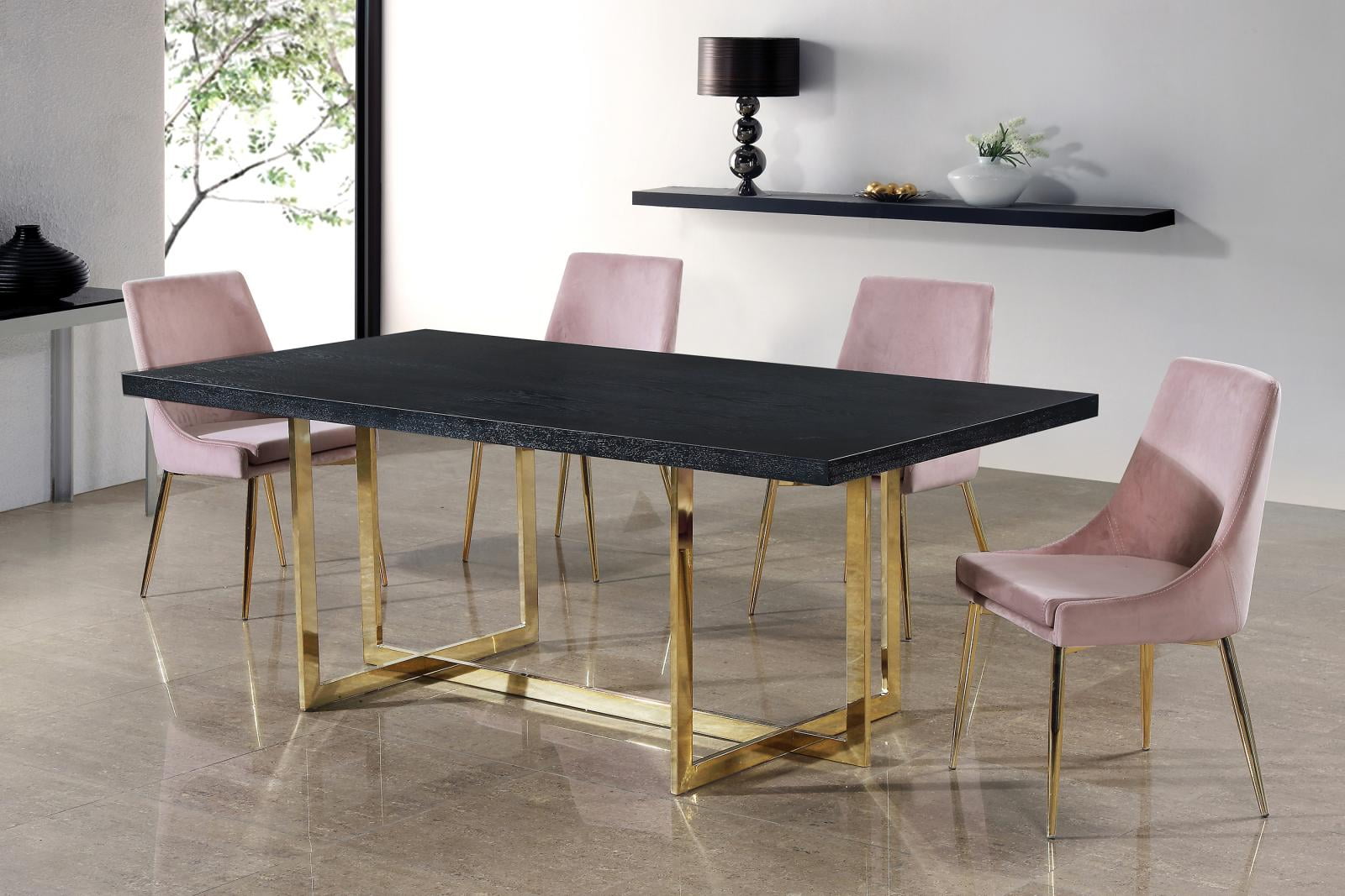 Elle Dining Table & Karina Pink Velvet Chair Set 7Pcs Modern Meridian