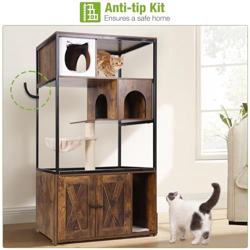 Aivituvin All-in-One Cat Litter Box Enclosure Hidden Litter Box Furniture with Cat Tree, Scratching Post, Cozy Cat Cave, Hanging Hammock, Storage Cabinet, Durable & Space-Saving