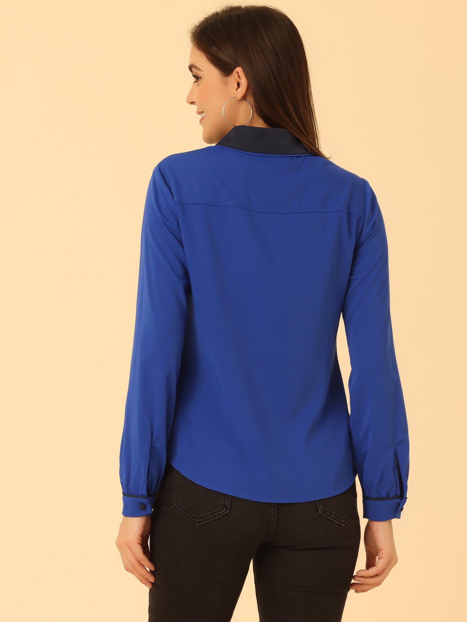 DARING DIVA Women's Button Down Long Sleeve Peter Pan Collar Blouse L Royal Blue
