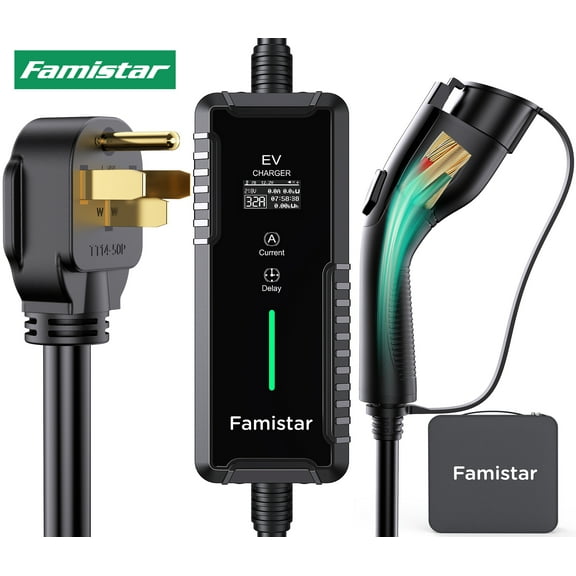 Famistar EV Charger, Level 2 Portable Electric Vehicle Car Charger Charging Station, 14-50 Plug, 32 Amp, 100-240V, 25FT Model, IP65 Waterproof, 0.96” LCD Screen, UL Recognized, for SAE J1772 EV