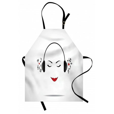 

Music Apron Young Lady Listening to Music Earphones Smiling Close Eyed Girl Enjoy Melody Theme Unisex Kitchen Bib Apron with Adjustable Neck for Cooking Baking Gardening Black White by Ambesonne
