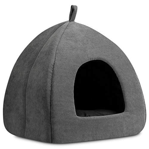16 x 16 x 17 inches Triangle Feline House Hut with Washable Cushion for Indoor Outdoor 2 in 1 Cat Tent Cave for Kittens and Small Dogs Hollypet Self-Warming Cat Bed