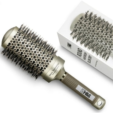 H&S Wooden Round Hair Brush, 85mm (3.3"), Natural Boar Bristle, Circular, for Blow Drying and Quiff Styling, Gold