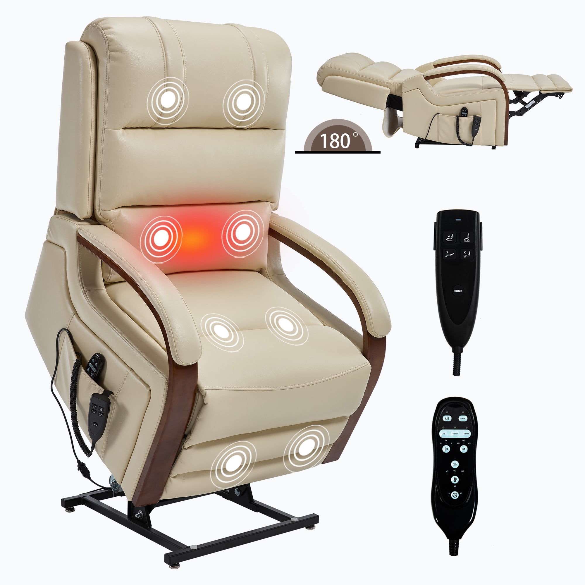 Gewnee Power Lift Recliner Chair with Heat and Massage,Lay Flat Assist Recliner with Side Pocket & Solid Wood Armrest,Lift Chair for Living Room.Beige PU