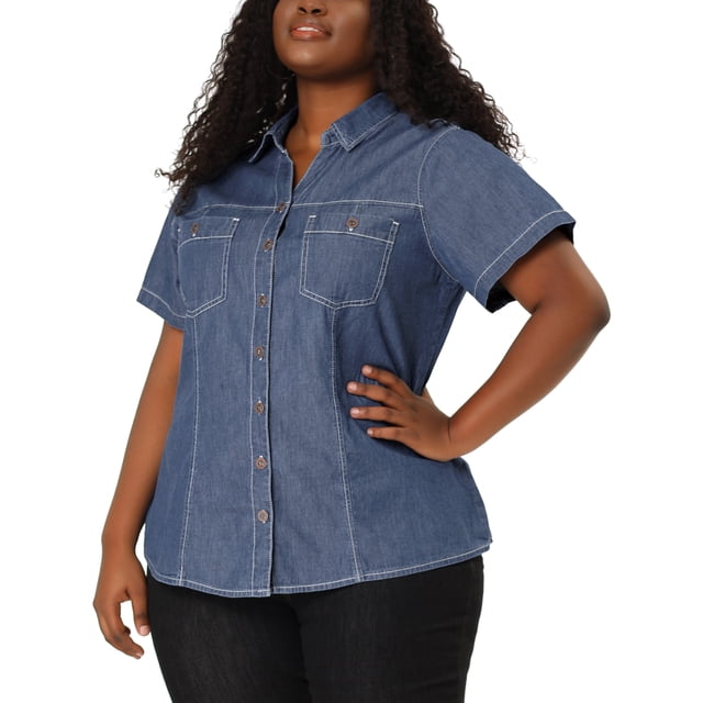 Women's Plus Size Shirt Short Sleeve Chest Pocket Button Down Denim Shirts Blue 1X
