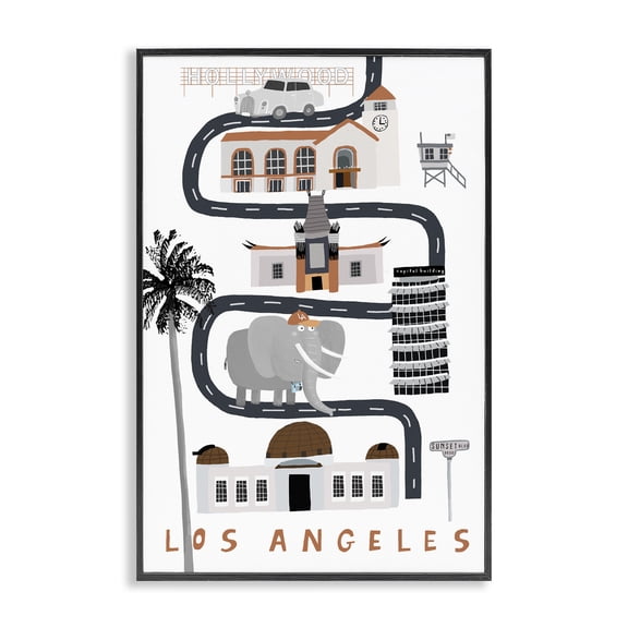 Stupell Industries Los Angeles Whimsical Travel City Cityscapes Painting Black Framed Art Print Wall Art, 12 x 18