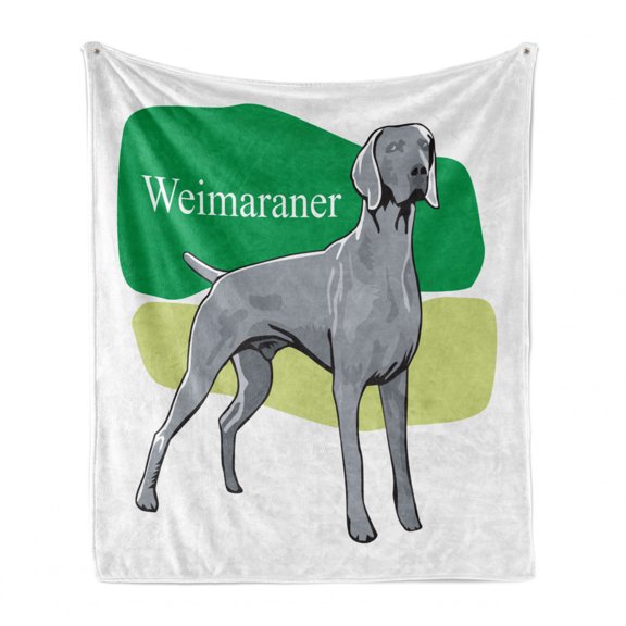 Weimaraner Soft Flannel Fleece Blanket, Cartoon Illustrated German Hunting Dog Animal Silhouette and Wording, Cozy Plush for Indoor and Outdoor Use, 50" x 70", Fern Green White Grey, by Ambesonne