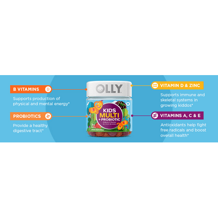 OLLY Kids Multivitamin + Probiotic Gummy, Digestive and Immune Support, Vitamins A, D, C, E, B, Zinc, Chewable Supplement, Berry, 35 Day Supply - 70 Count