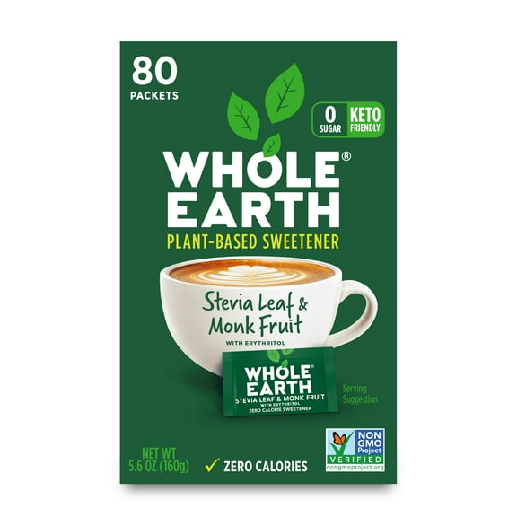 Whole Earth Stevia Leaf & Monk Fruit Plant-Based Sweetener, 80 Count, 5.6 oz