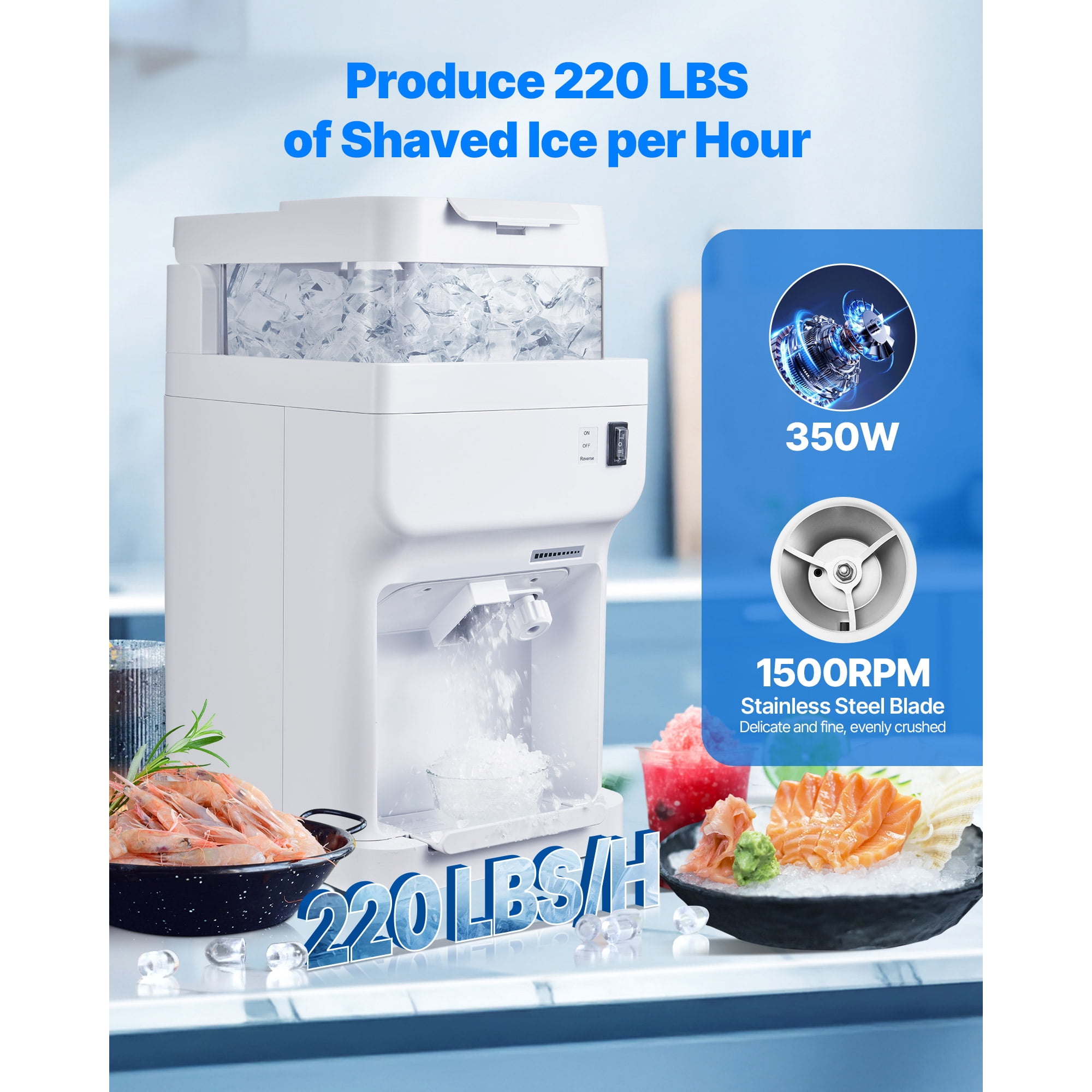 KFFKFF Electric Ice Shaver and Crusher, 220lbs/Hour Snow Cone Machine with 8L Ice Storage, 350W 1500RPM Countertop Shaved Ice Maker for Home, Events, and Business Use (White)