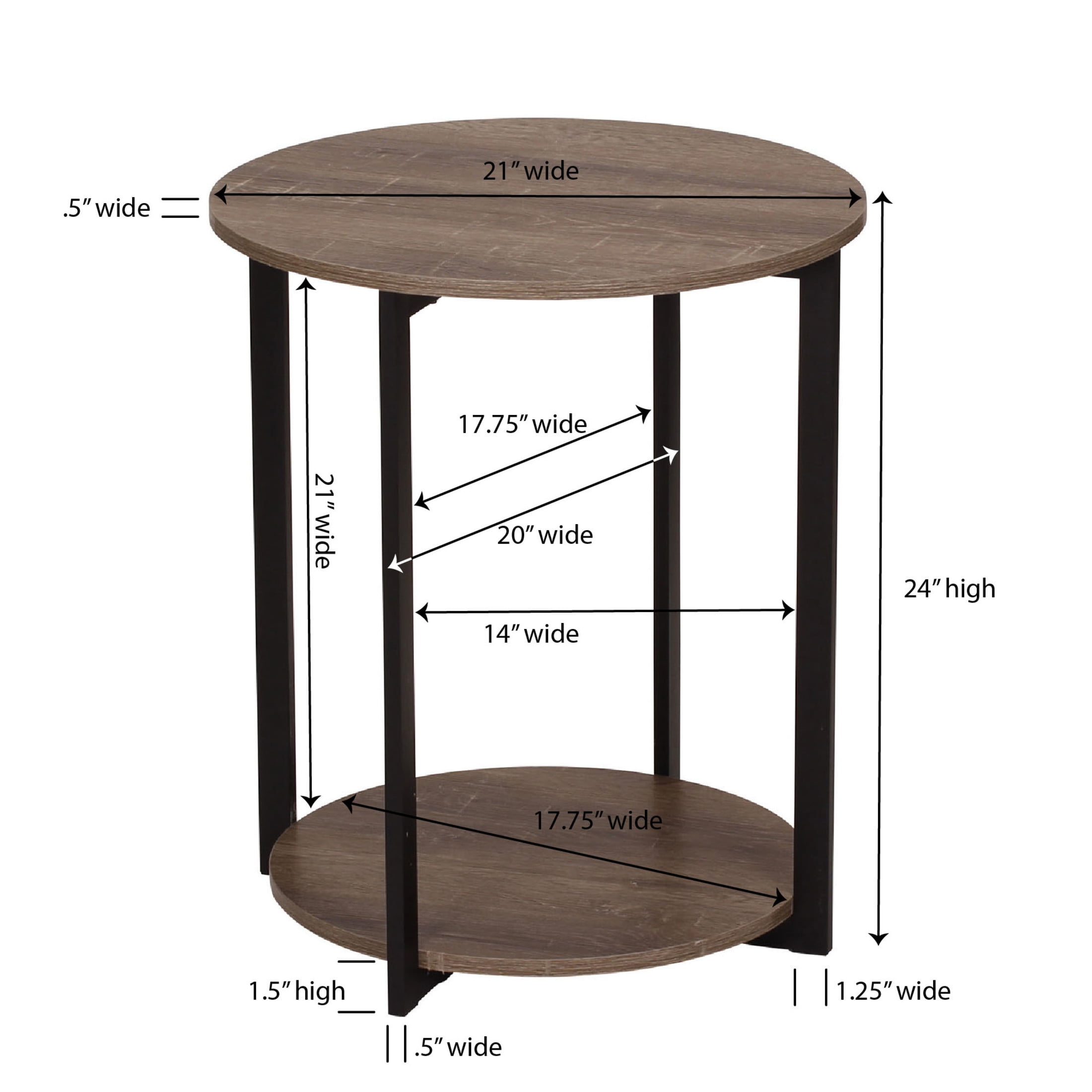Household Essentials Jamestown Round Side End Table with Storage Shelf Ashwood Rustic Wood Grain and Black Metal