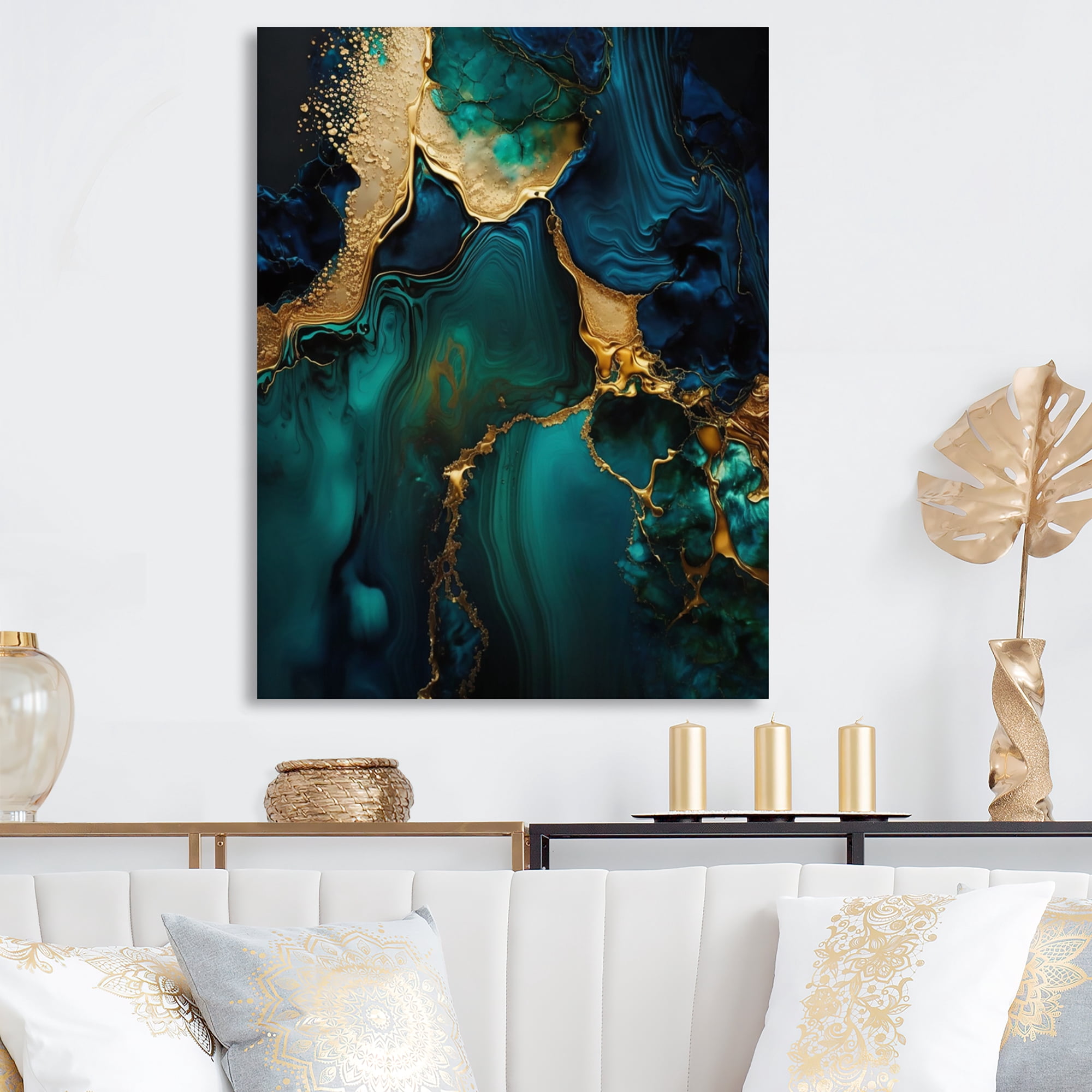 Designart Abstract Geode Marble Green And Gold Canvas Wall Art