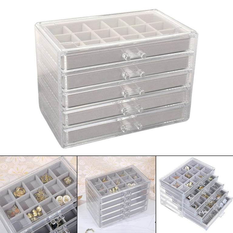 Fengwu 5 Pack Plastic Jewelry Organizer Box 18 Big Girds Clear Storage Organizer Case with Adjustable Dividers Jewelry Storage Containe