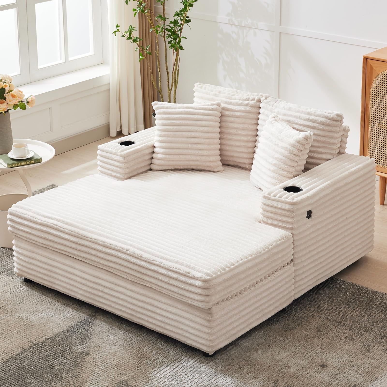 Oversized Corduroy Chaise Lounge Chair with Cup Holder & USB Charging Port, 54" Wide Plush Sofa with High-Density Foam & Supportive Springs for Living Room