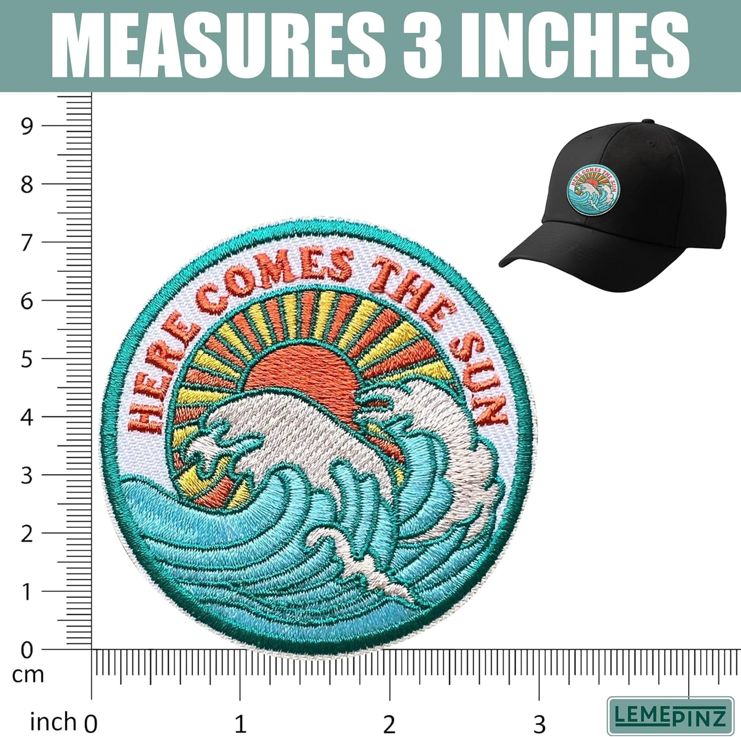 Here Comes The Sun 3 Inches Embroidery Patch, Waves Iron On/Sew On Travel Embroidered Applique Patch, Travel Patches, Fabric Patches for Clothes Backpacks Hats, Summer DIY Accessories Gifts