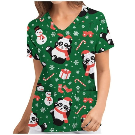 

TAIAOJING Scrubs for Women Workwear Fashion Merry Christmas Print Short Sleeve V-neck Tops Working Uniform Blouse Shirt