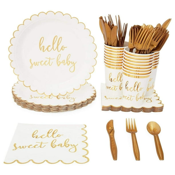 Serves 24 Hello Sweet Baby Shower Party Supplies, 144PCS Plates Napkins