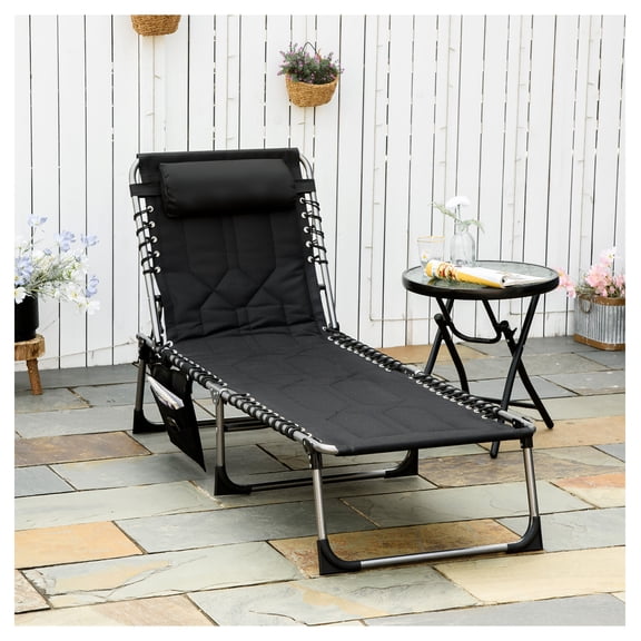 Folding Chaise Lounge Chair, Outdoor Reclining Beach Chair with Headrest, 6-Position Camping Tanning Lounger for Patio, Pool, Yard - Black